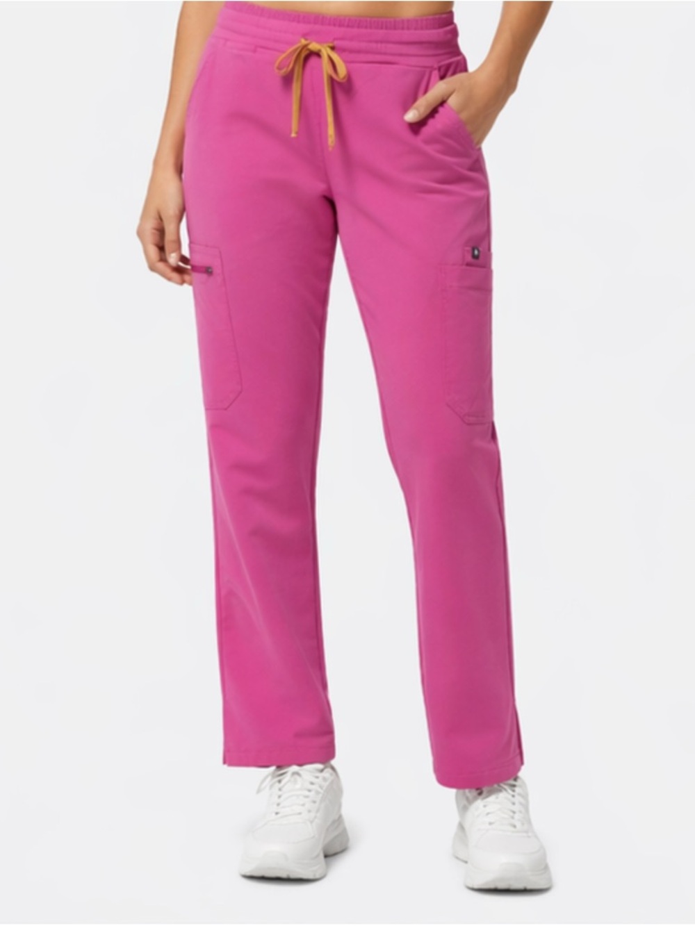 FIGS Yola Straight-Leg Cargo Scrub Pants in Bright Pink with Orange Drawstring
